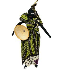 Vintage Hand Crafted African Senegal Cloth‎ Doll Wire Bowl Waist Black 17 1/2"